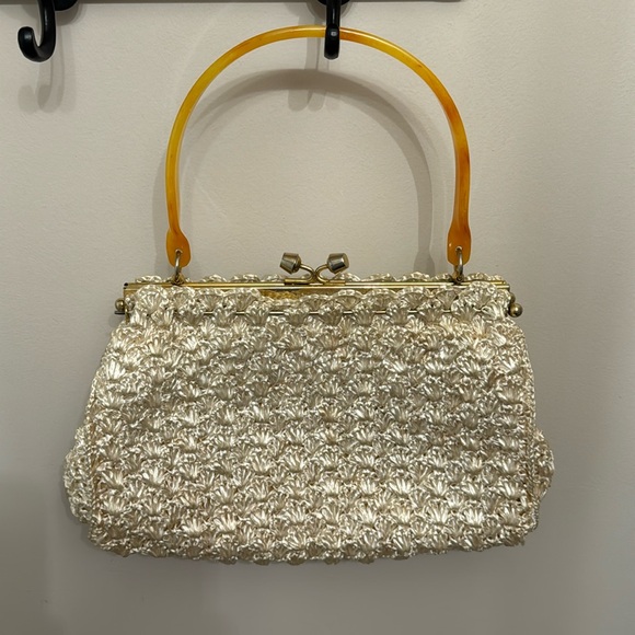 Vintage Large Woven Raffia Top Handle Ivory Cream Granny Core Handbag - Picture 2 of 14